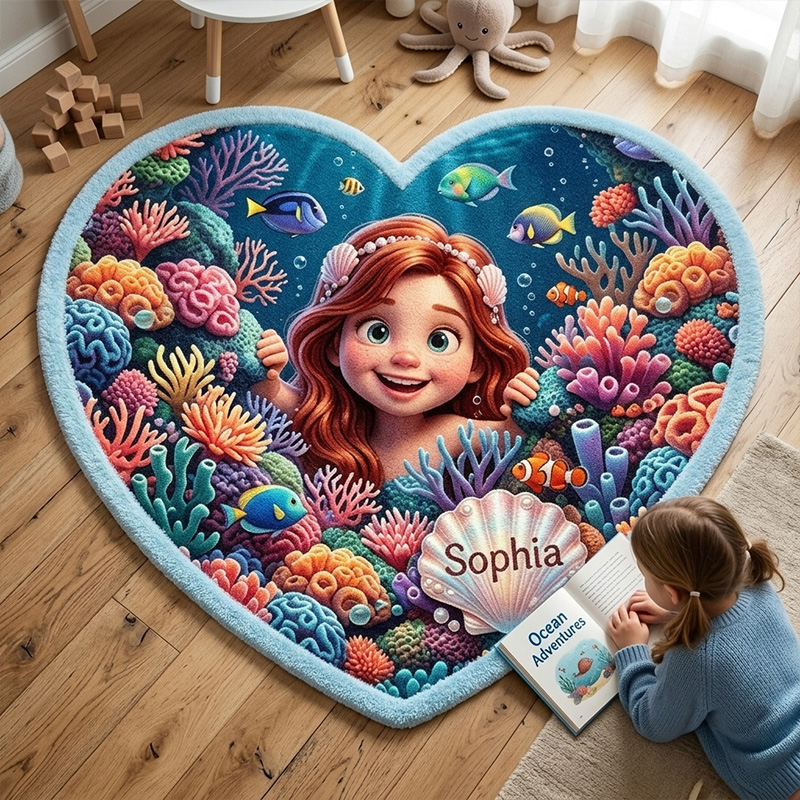Personalized Ocean Mermaid Kids Rug Themed Underwater Coral Reef Adven