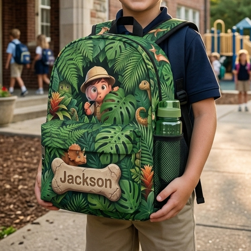 Personalized Jungle Explorer Kids Backpack Themed Adventure Safari School Bag Design Custom Name and Baby Photo Travel Daypack