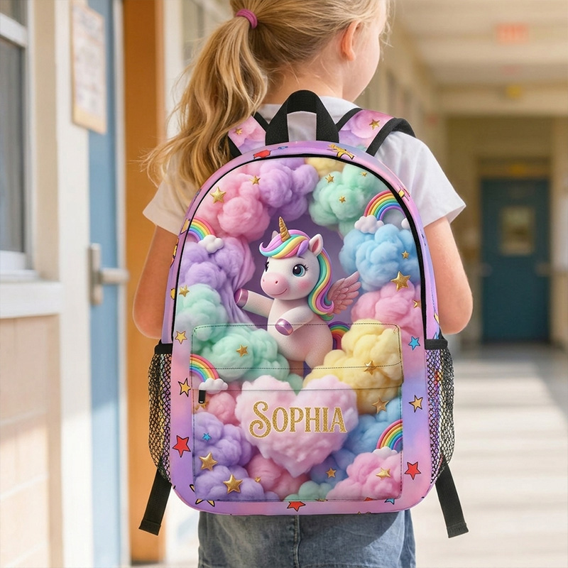 Personalized Rainbow Horse Kids Backpack Themed Magical Fantasy School Bag Design Custom Name and Kid Photo Cloud Pattern Travel Daypack