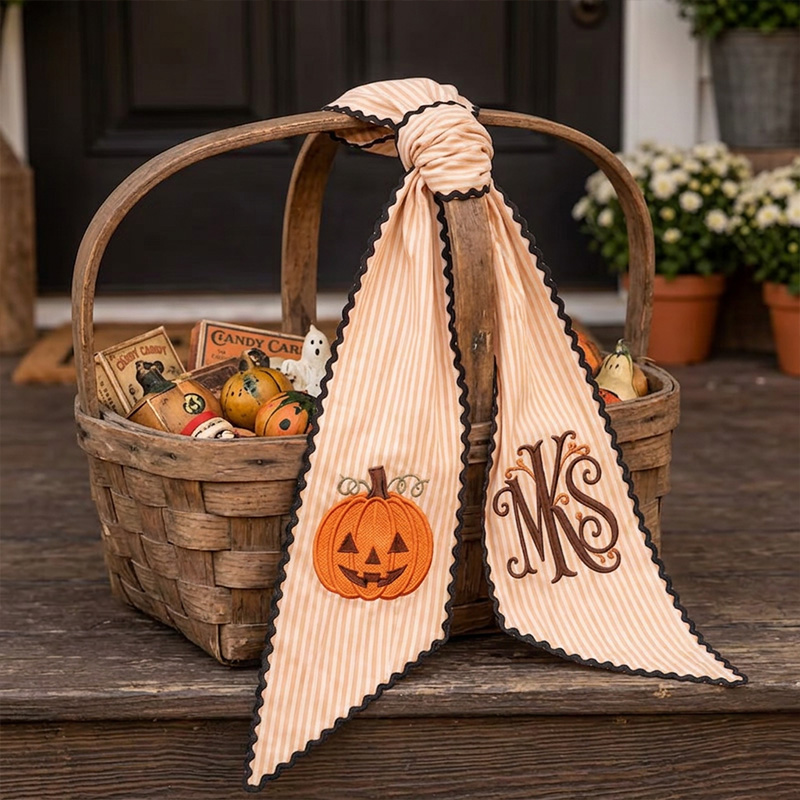 Personalized Embroidered Pumpkin Monogram Ribbon Themed Fall Harvest Decor Design Custom Initial For Door Halloween Wreath Sash