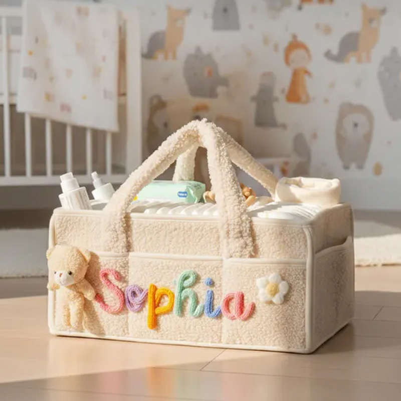 Personalized Plush Baby Storage Basket Soft Bin Side Pockets Custom Nursery Organizer with Charm