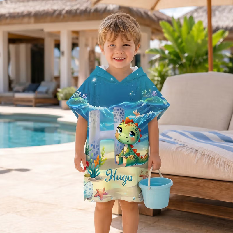 Personalized Dinosaur Mermaid Soft Kids Hooded Beach Towel with Name and Initial Beach Party Summer Vacation Birthday Gift for Boys Girls