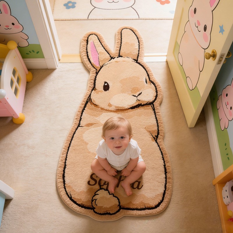 Personalized Cute Bunny Theme Custom Name Fluffy Animal Shape Warm Nursery Carpet Rug for Kids