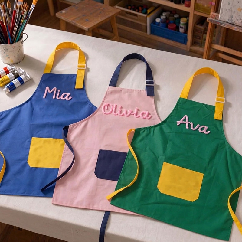 Personalized Kids Themed Color Block Design Adjustable Cooking Baking Art Craft Apron With Name