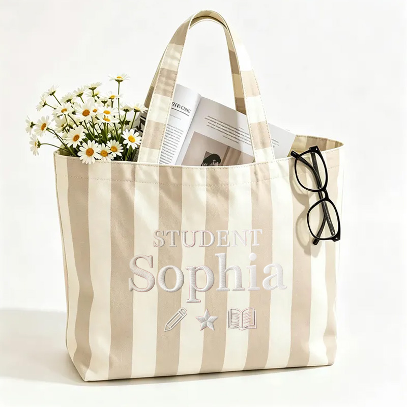 Personalized Embroidery Student Themed Pink Stripe Design Canvas Tote Bag With Name Motifs