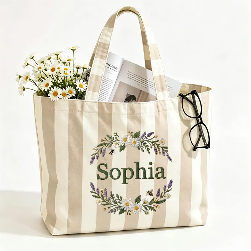 Personalized Embroidery Floral Wreath Themed Lavender Stripe Design Canvas Tote Bag With Name Rustic Botanical Pattern Gift for Girls