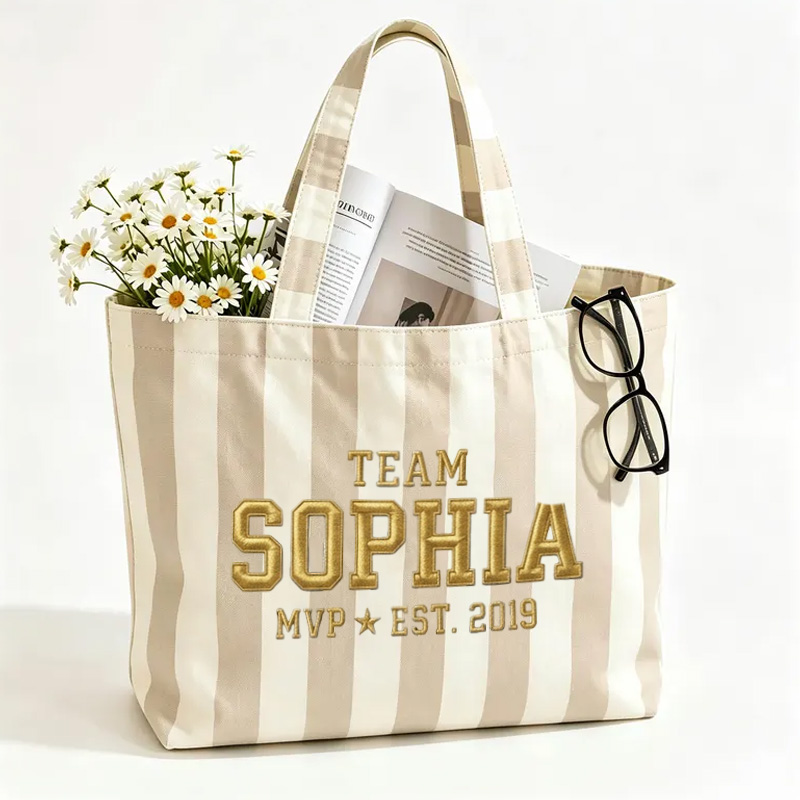 Personalized Embroidery Team Themed Neutral Stripe Design Canvas Tote Bag With Name MVP Est Year Sporty Varsity Style
