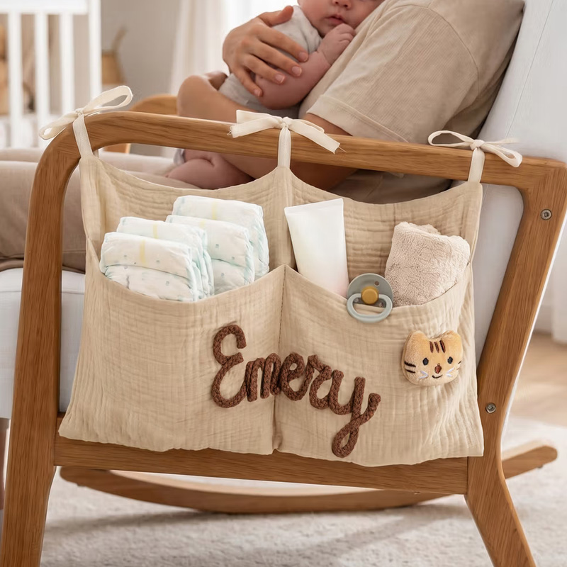 Personalized 100% Cotton Crib Organizer Bag Hanging Storage Car Backseat Pouch Nursery Decor Baby Shower Birthday Gift for Newborn New Parent