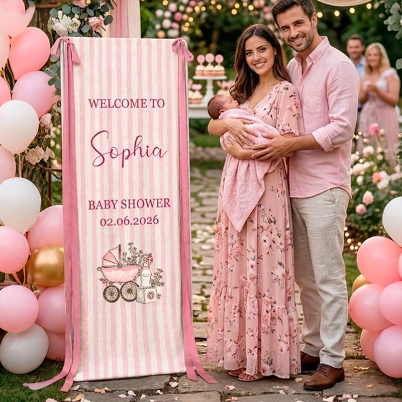 Personalized Baby Shower Banner With Custom Name Cute Bear Stroller Duck Options Pink Stripe Party Decor Welcome Sign