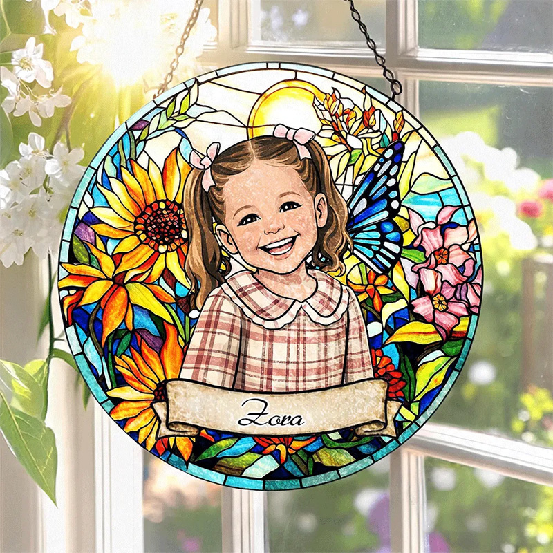 Personalized Kid's Photo and Name Portrait Stained Glass Floral Kids Name Keepsake Window Hanging Suncatcher