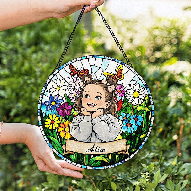 Personalized Photo Portrait Stained Glass Colorful Garden Flowers Butterfly Kids Name Keepsake Window Hanging Suncatcher