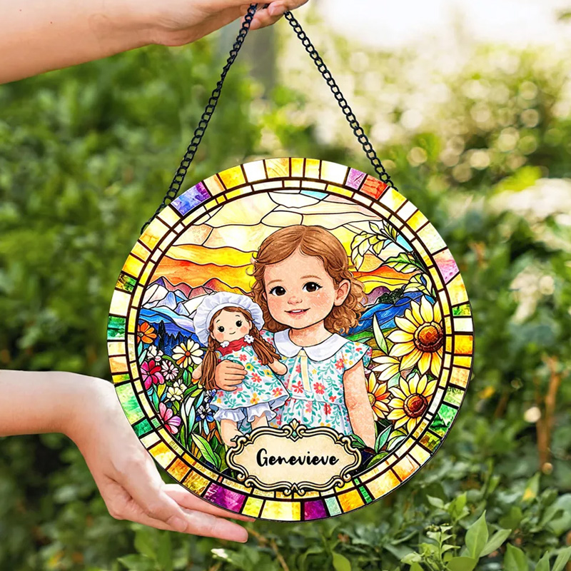 Personalized Photo Portrait Stained Glass Rainbow Border Girl With Doll Colorful Name Keepsake Window Hanging Suncatcher