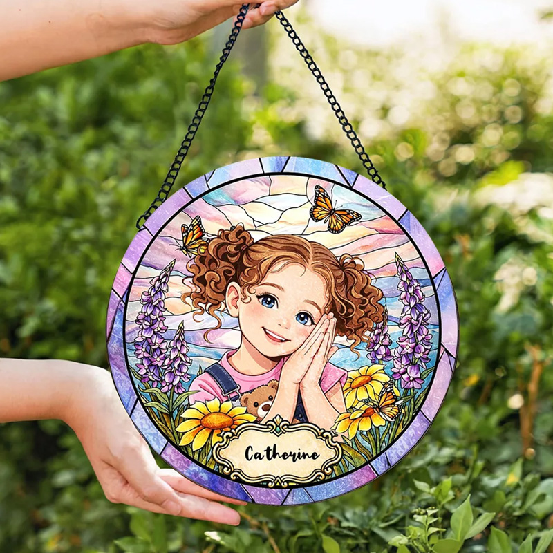 Personalized Photo Portrait Stained Glass Pastel Sky Flowers Butterflies Girl Name Keepsake Window Hanging Suncatcher