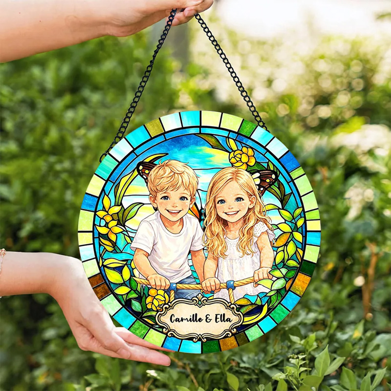 Personalized Photo Portrait Stained Glass Siblings In Garden Blue Green Border Kids Names Keepsake Window Hanging Suncatcher