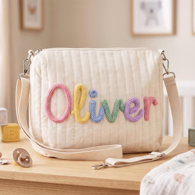 Personalized Quilted Baby Stroller Diaper Bag With Custom Rainbow Name Patch For Mom And Kids