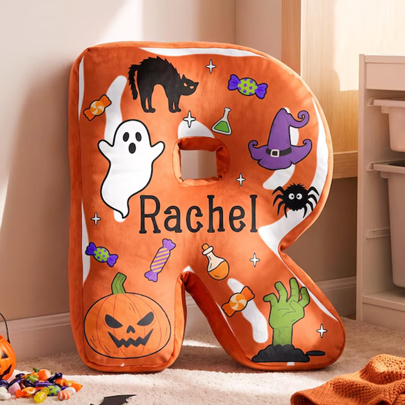 Personalized Halloween Alphabet Initial Name Cushion With Cute Ghost Pumpkin Spider Bat And Candy Kids Bedroom Decorative 3D Print Pillow