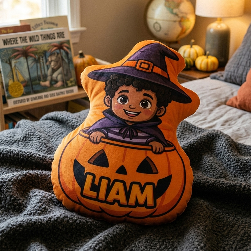 Personalized Halloween Girl Witch With Pumpkin Bucket Custom Name and Photo Kids Room Decoration Throw Cushion 3D Print Pillow