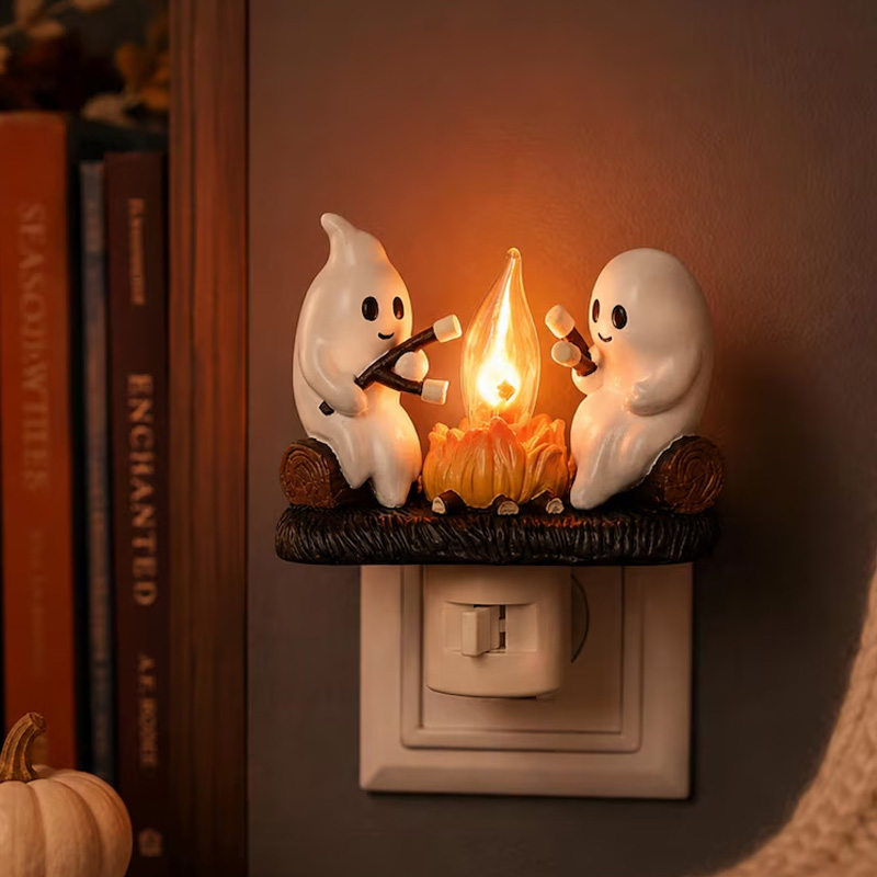 Personalized Halloween Ghost Campfire Plug In Night Light With Cozy Warm Glow Kids Bedroom Nursery Decor