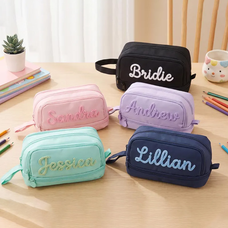 Personalized Rope Embroidery Name Pencil Case Cute Zipper Stationery Storage Bag For Kids School And Office