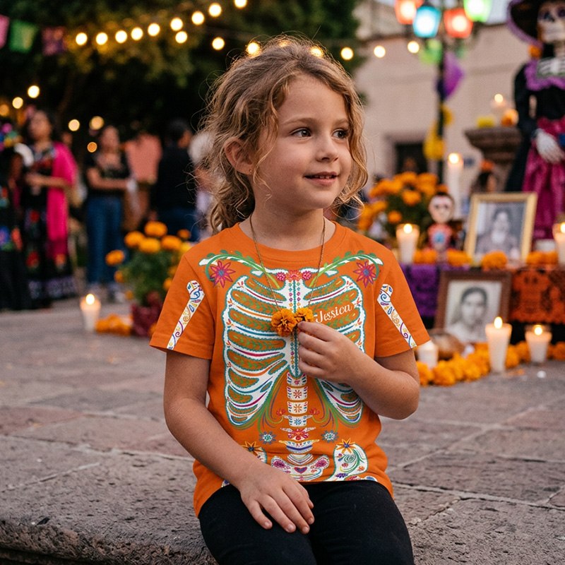 Personalized Day Of The Dead Sugar Skeleton Hispanic Skeleton Sugar Skull Print Custom Name Short Sleeve Cotton Kids Shirts
