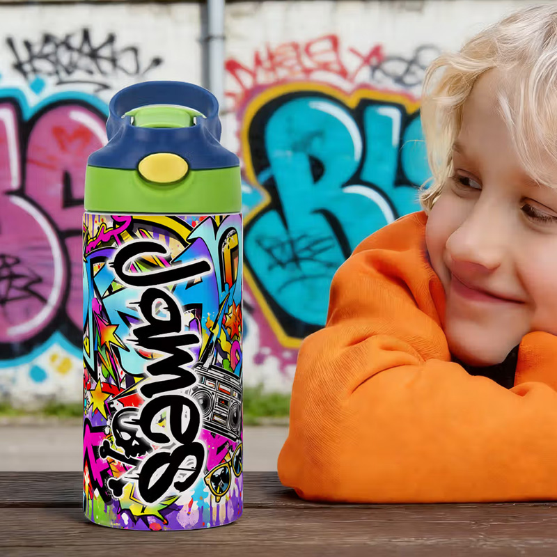 Personalized Graffiti Style 12 oz Insulated Kid Water Bottle with Name and Straw Back to School Birthday Gift for Boys Girls