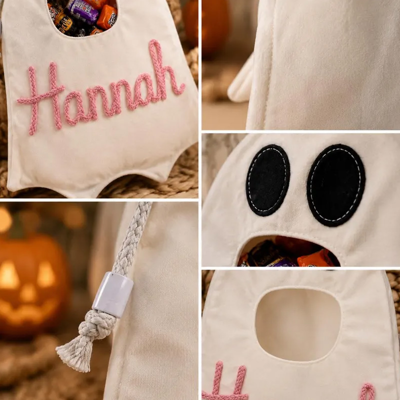Personalized Rope Embroidery Ghost Halloween Candy Bag Custom Name Trick or Treat Bucket