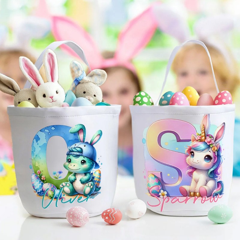 Personalized Cute Fantasy Rainbow Horse Dinosaur Canvas Easter Basket with Initial and Name Party Favor Eggs Hunting Easter Gift for Kids