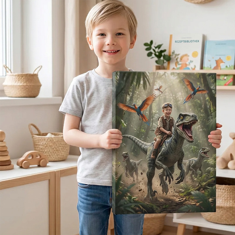 Personalized Dinosaur Adventure Canvas Custom Photo Kid Riding Raptor Jungle Wall Art For Boys Room Decor