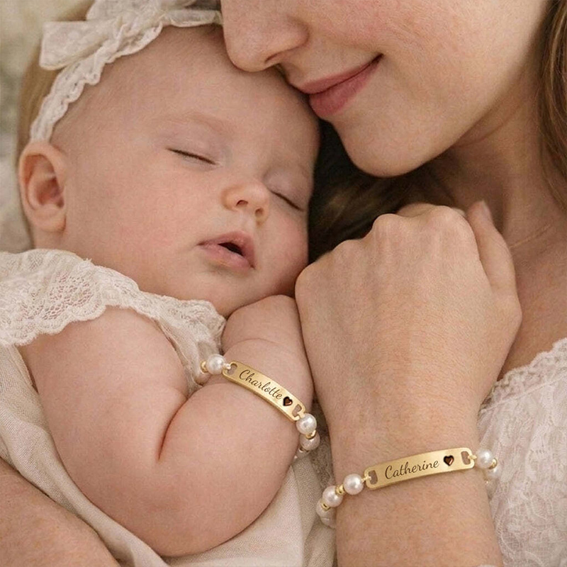 Personalized Baby Name Pearl Bracelet Custom Engraved Gold Bar Newborn Baptism Gift Keepsake For Girls Boys