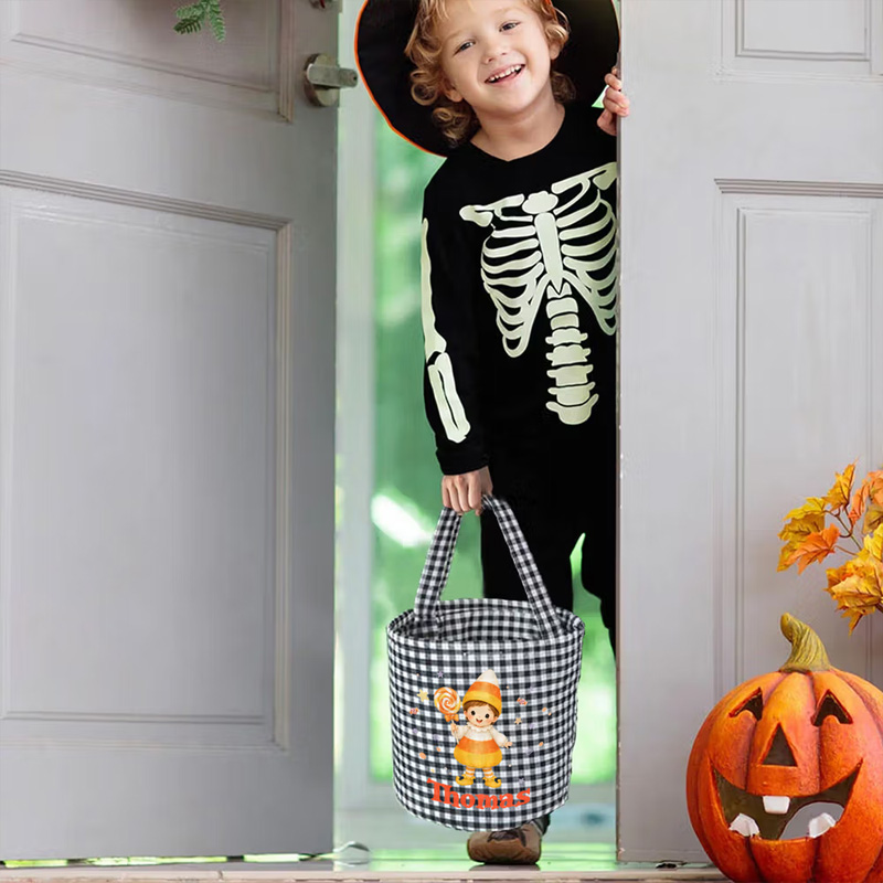 Personalized Halloween Trick Or Treat Bag Gingham Vampire Candy Bucket Custom Name Reusable Kids Treat Tote