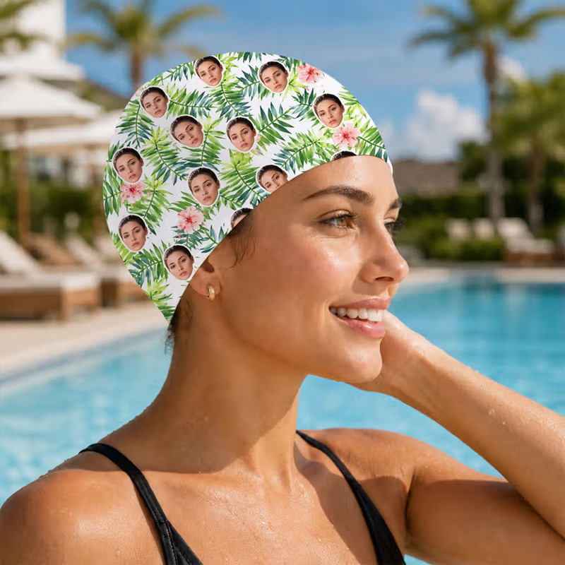 Personalized Hawaii Style Flower Leaf Face Photo Comfortable Swim Cap Swimming Accessory Birthday Pool Party Gift for Kids