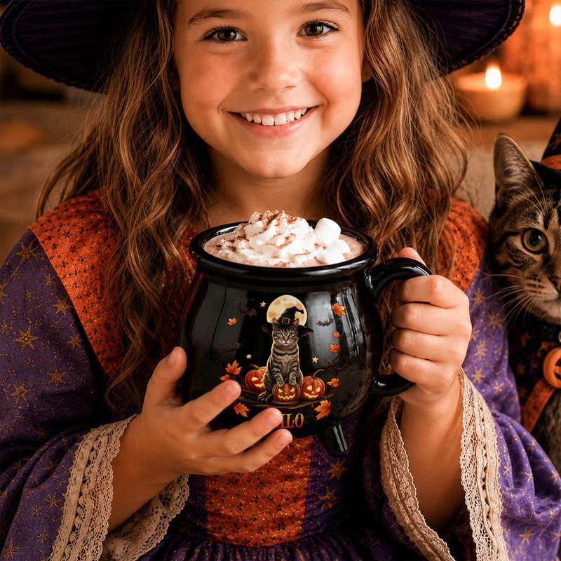 Personalized Halloween Style Pet Photo Pumpkin Cauldron Ceramic Coffee Mug with Name and Handle Halloween Party Birthday Gift for Pet Owners Lovers
