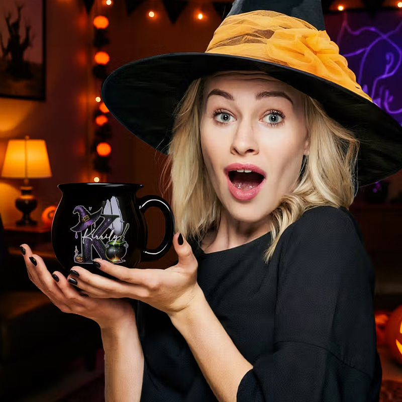Personalized Magic Pot and Witch Hat Glitter Initial Black Cauldron Ceramic Coffee Mug with Name Trick or Treat Halloween Party Gift for Women Kids