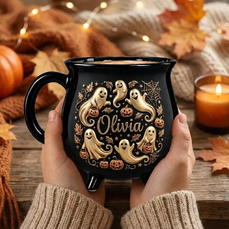 Personalized Halloween Ghost Pumpkin Custom Name Cozy Autumn Spooky Fall Gift Pumpkin Cauldron Ceramic Coffee Mug