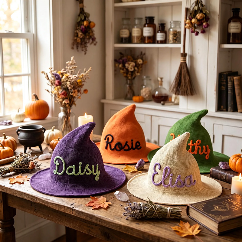 Personalized Kids Witch Hat Custom Name Halloween Costume Accessory Matching Sibling Black Pointed Hat