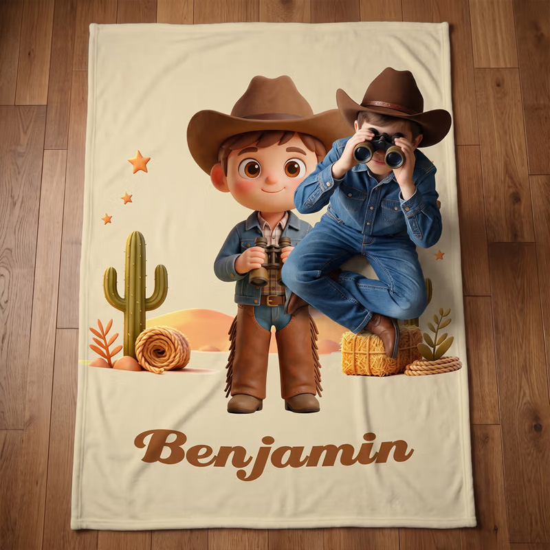 Personalized Cactus Cartoon Character Photo Soft Throw Blanket with Name Home Decor Birthday Gift for Kids Cowgirls Cowboys
