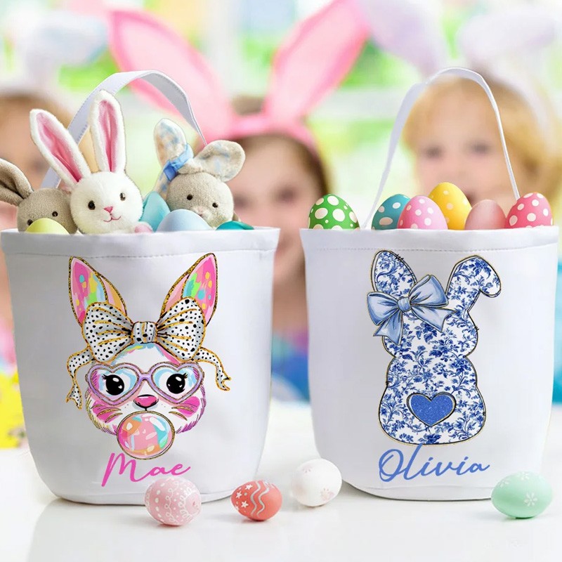 Personalized Cute Bow Bunny Canvas Easter Basket with Name Easter Eggs Hunting Party Favor Gift for Boys Girls