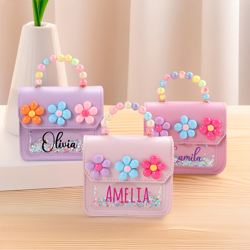 Personalized Kids Crossbody Flower Purse Custom Name Glitter Handbag Rainbow Beaded Handle Gift for Gilr