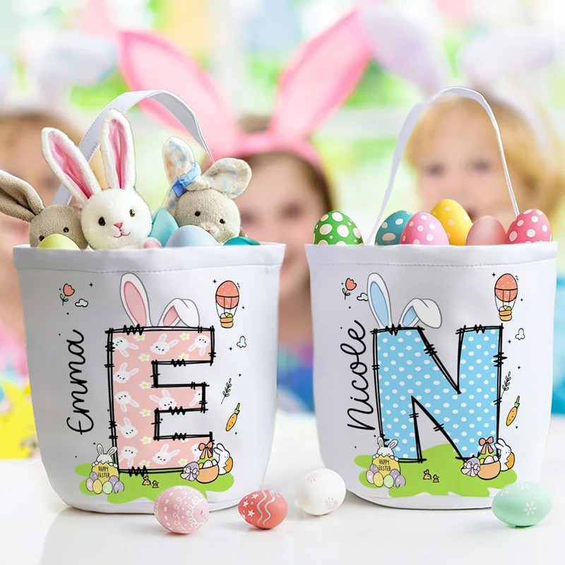 Personalized Bunny Ears Initial Hot Air Balloon Canvas Easter Basket with Name Eggs Hunting Party Easter Gift for Kids