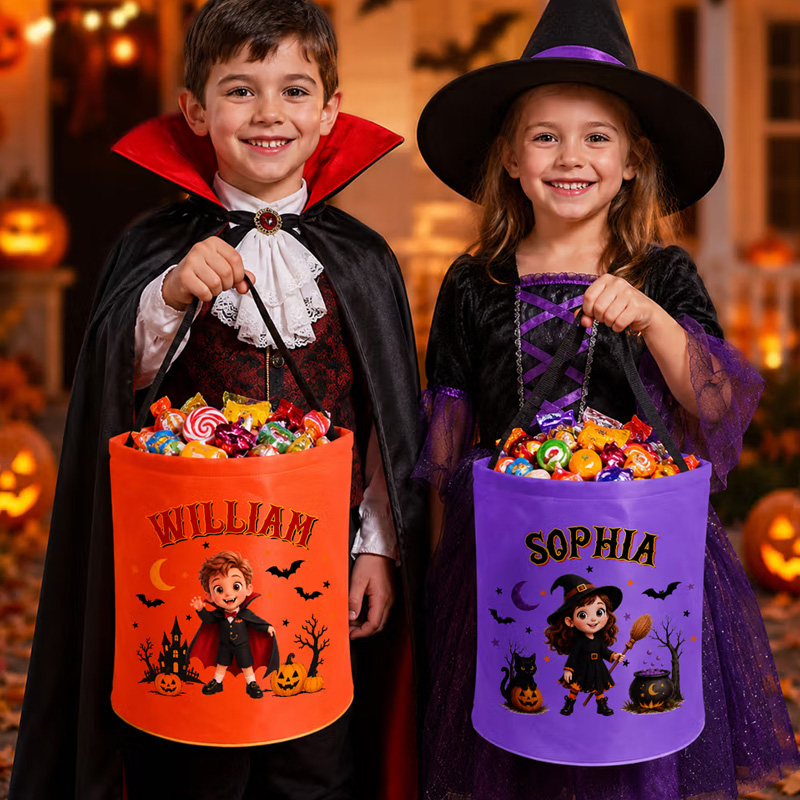 Personalized Halloween Theme Photo Cartoon Character LED Light Bucket Bag with Name Halloween Trick or Treat Activity Gift for Boys Girls