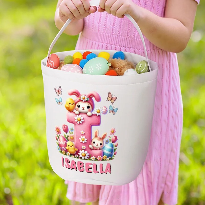 Personalized Cartoon Bunny Easter Eggs Large Capacity Canvas Easter Basket with Name and Initial Eggs Hunting Party Easter Gift for Kids