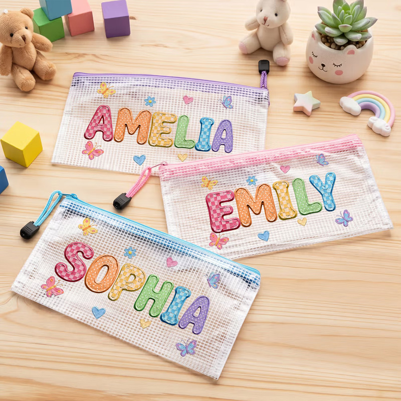 Personalized Oil Painting Style Butterfly Heart Waterproof Portable Mesh Pencil Pouch with Name and Zipper Back to School Birthday Gift for Kids