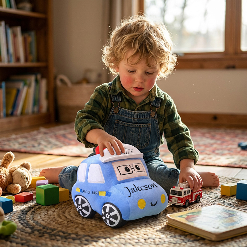 Personalized Police Car Taxi Car Plush Toy Custom Name Soft Blue Vehicle Pillow Kids Birthday Gift Playroom Decor