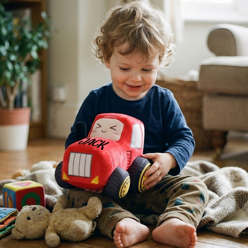 Personalized Garbage Truck Plush Toy Custom Name Soft Blue Vehicle Pillow Kids Birthday Gift Playroom Decor