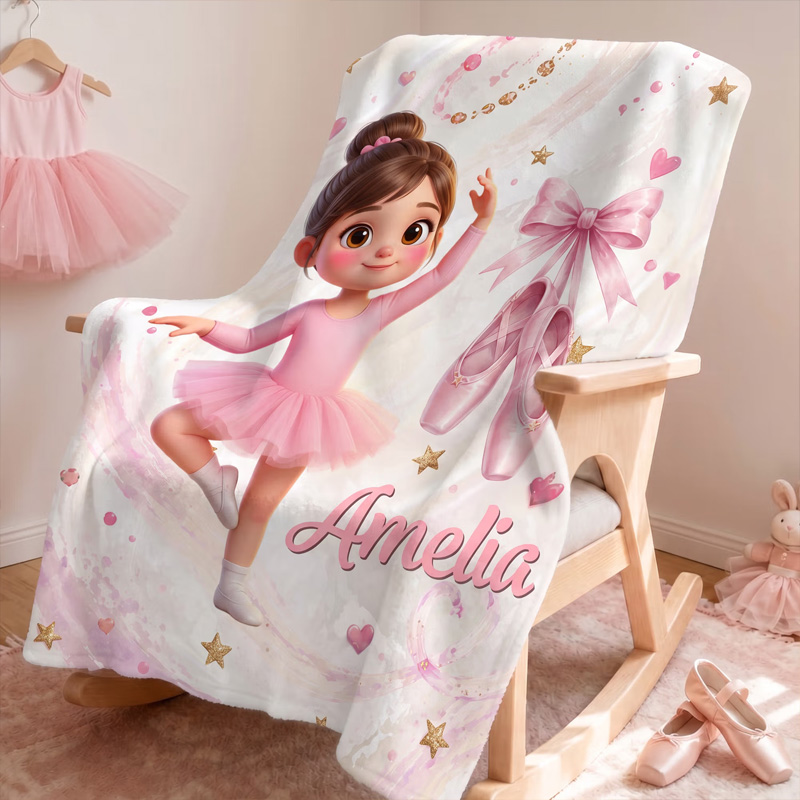 Personalized Ballerina Blanket Custom Name Pink Ballet Girl Soft Cozy Throw For Kids Bedroom Gift
