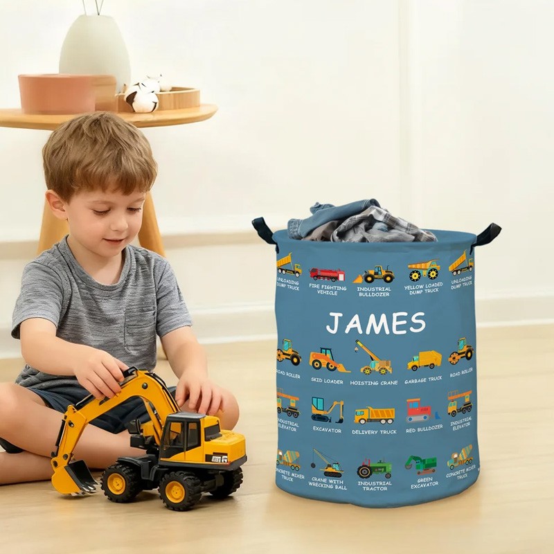Building Fun One Load at a Time - Personalized Construction Truck Excavator Bulldozer Waterproof 40L Laundry Basket - Gift for Boys Girls Truck Lovers