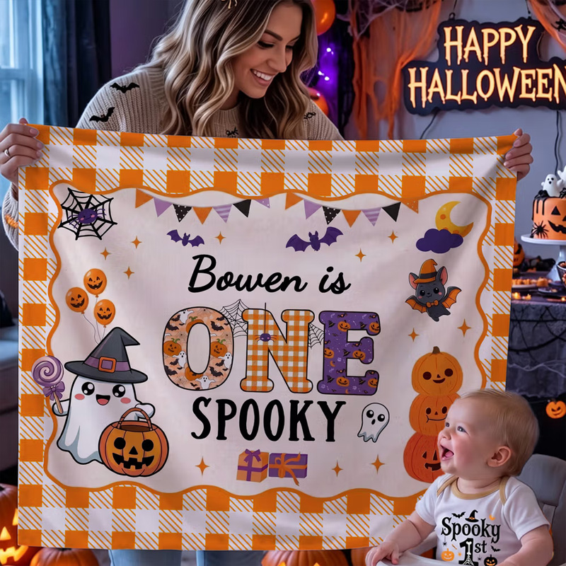 Personalized Cute Bat Pumpkin Ghost Banner with Name Party Backdrop Decor First Birthday Halloween Party Gift for New Parent Baby