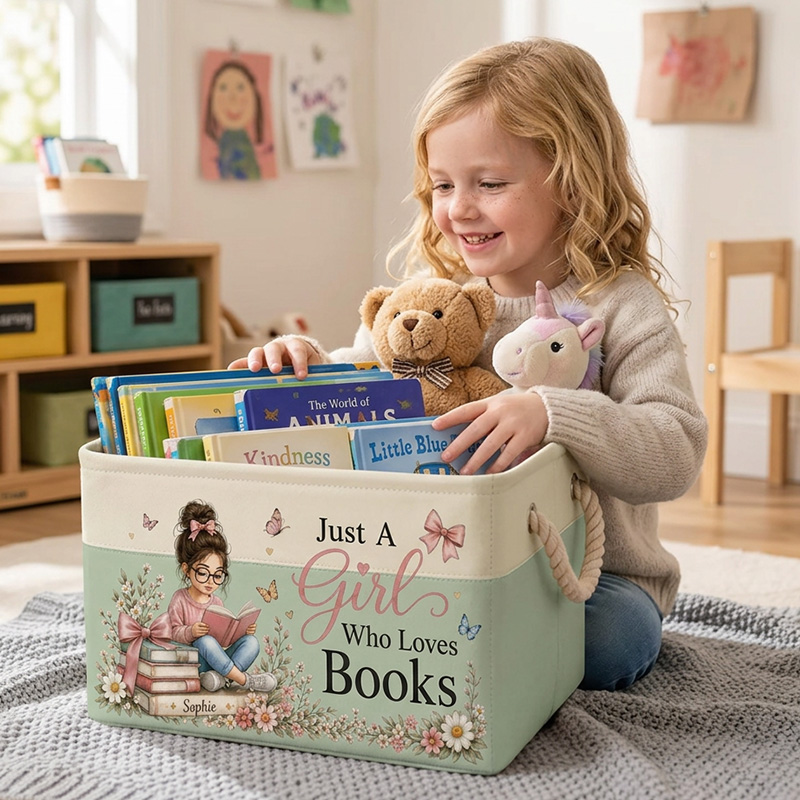 Personalized Book Storage Bin Custom Name Fabric Organizer For Kids Library Classroom Nursery Toy Basket