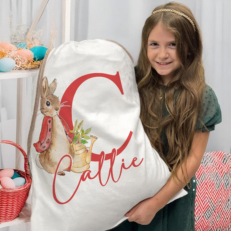 Personalized Cute Easter Bunny Drawstring Gift Bag with Initial and Name Easter Birthday Gift for Kids Family