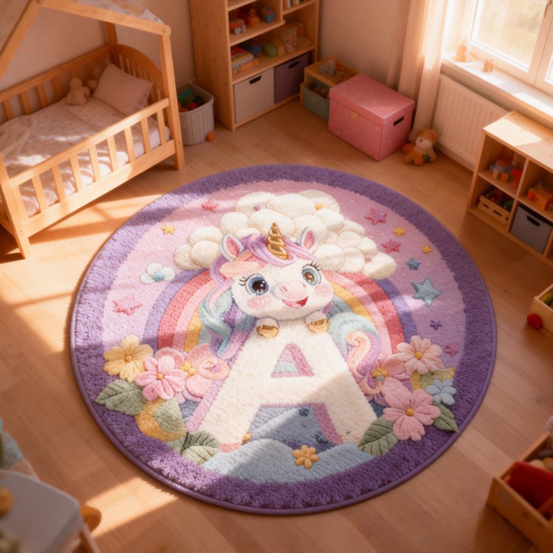 Personalized Dream Horse Theme Custom Name Rainbow Cloud Magical Letter A Round Carpet Rug for Kids